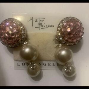 Vintage VOGUE BIJOUX Pearl & Rhinestone Clip On Earrings RARE LARGE PAIR!